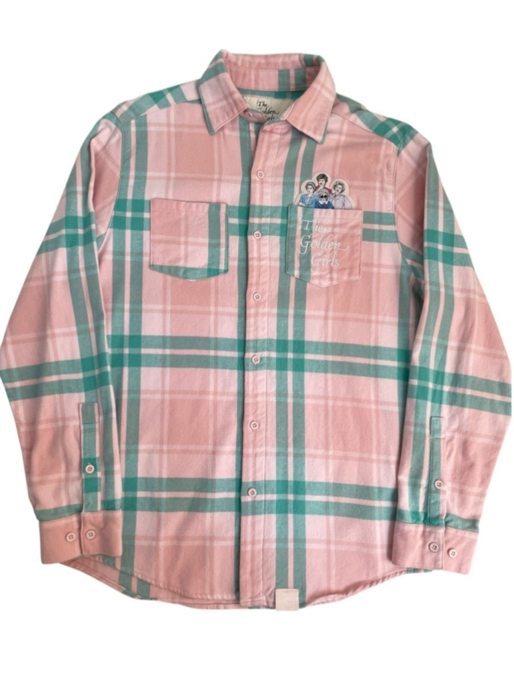 Cakeworthy The Golden Girls Flannel Plaid Pink Teal Button Down Cotton Size M